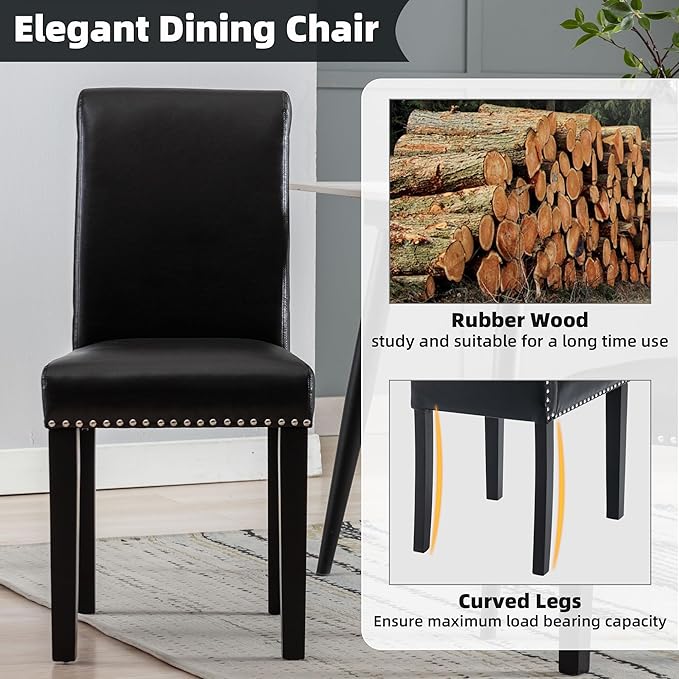 Westice Dining Room Chairs Set of 2 Upholstered PU Leather Kitchen Chairs Dining Room Side Chair with Nailhead Trim and Rubber Wood Legs for Small Space Apartment, Black