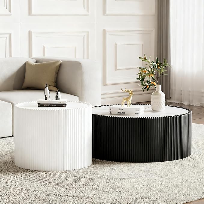 Round Coffee Table Set with Sintered Stone Tabletop, 29.52" Black Drum Center Table and 17.71" White Coffee Table Set, 2 Pieces Living Room Table Set with Fluted PU Leather Cover& Stable Base