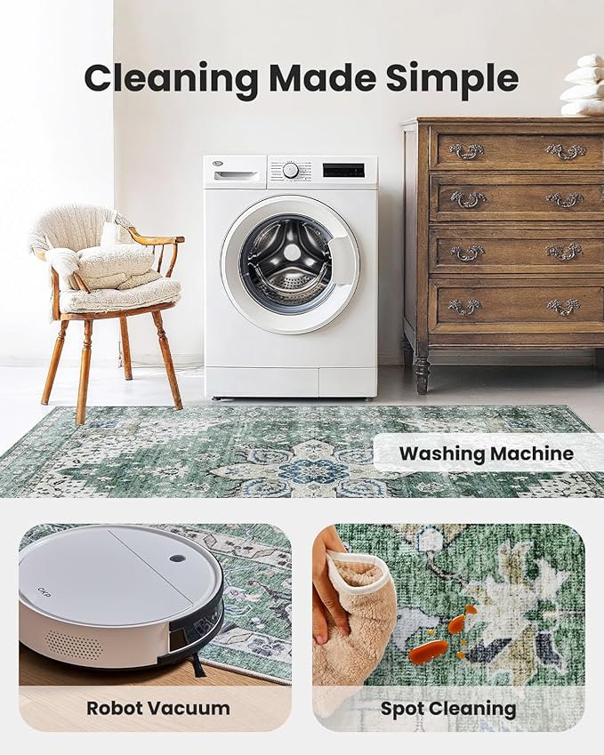 AMADA HOMEFURNISHING 9x12 Area Rug, Washable Low-Profile Large Area Rug with Non-Slip Backing & Durable Edge Binding, Vintage Large Rugs for Living Room, Bedroom