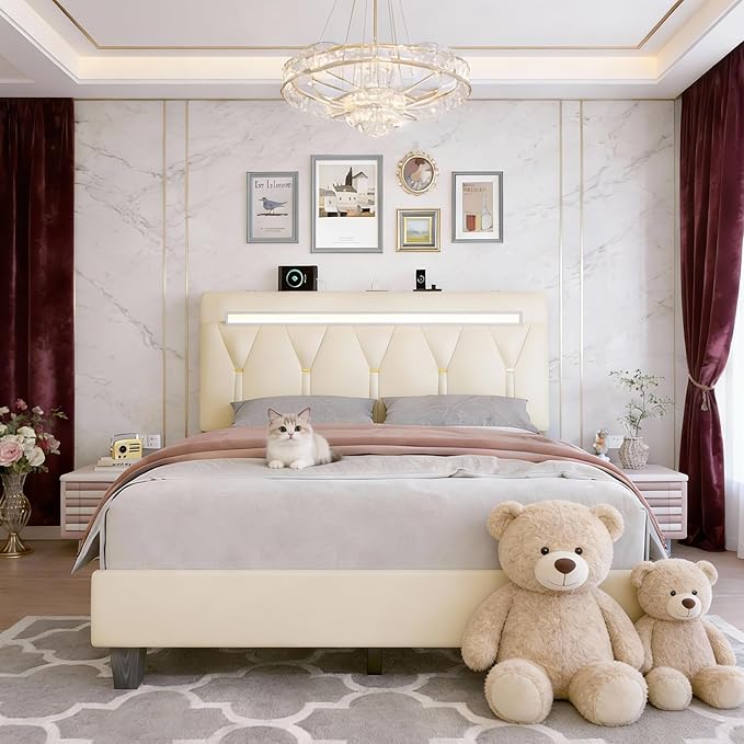 Full Size Bed Frame with Bluetooth Speaker, LED Lights and Charging Station, Faux Leather Linen Fabric Adjustable Headboard,Modern Upholstered Bed, Wood Slat Support, Easy Assemble, Beige