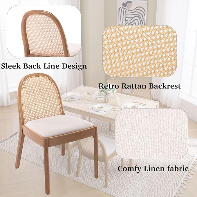 LukeAlon Modern Linen Dining Chairs Set of 8, Natural Woven Rattan Cane Back Side Chairs with Solid Wood Legs Mid Century Dinner Chairs for Kitchen Living Room, Beige