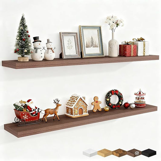Fun Memories 55 Inch Fireplace Mantel Shelf -Long Floating Shelves, Deep Wall Mounted Farmhouse Display Shelves with Invisible Heavy Duty Metal Bracket, Walnut, 2 Pack
