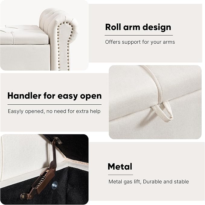 67 Inch Storage Bench for Bedroom, King Size End of Bed Bench, Upholstered Bench with Rolled Arms, Linen Tufted Button Storage Ottoman Benches, Living Room, Entryway, Beige