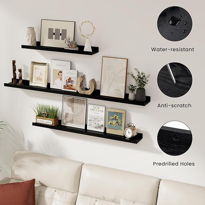 Solid Ash Wood Floating Shelves, Wood Picture Ledge Shelf Set of 2, 48 Inch Long Large Photo Ledge Shelves, Nursery Book Shelves Wall Mounted for Living Room Kids' Bedroom Decor, Black