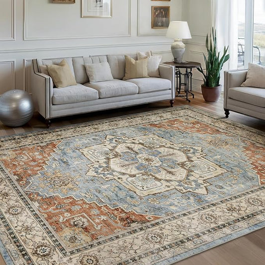 Area Rugs for Living Room 6x9 - Machine Washable Vintage Oriental Soft Rug, Low Pile Thin Floor Carpet with Non Slip Backing for Bedroom, Dorm, Under Dining Room Table, Indoor House, Office Decor
