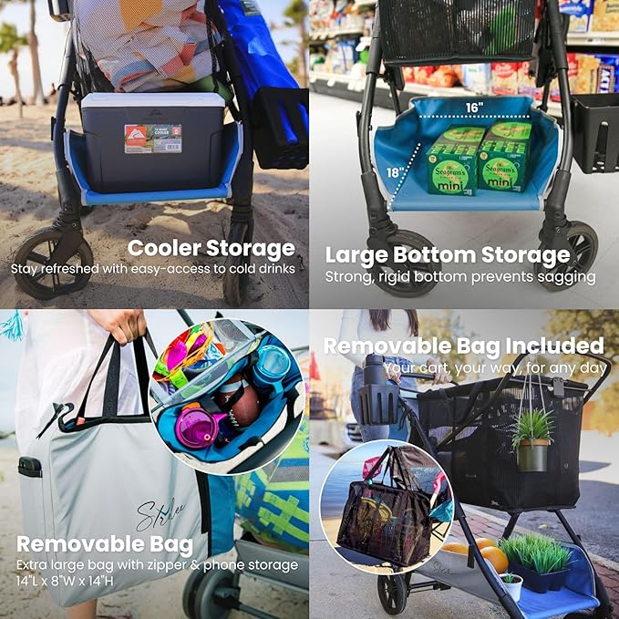 Strolee Large Wheeled Collapsible Beach Cart for Soft Sand, Shopping, Camping & Garden- Lightweight Aluminum Frame- Removable Storage Bag with Carrying Straps, X-L Capacity & Cooler Rack (Blue)