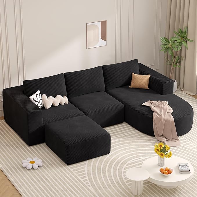 Boneless Couches for Living Room 104",Modular Sectional Sofa with Ottoman,Cloud Couch in a Box,Sponge Compression U Shaped Sofas with Chaise No Assembly Required(Black-Corduroy Fabric) 1pcs
