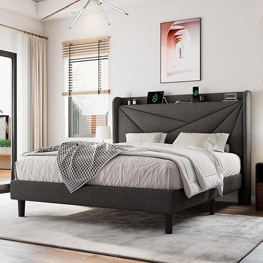 Queen Size Upholstered Bed Frame with Charging Station, Platform Bed Frame with Storage Headboard, Solid Wood Slats Support, No Box Spring Needed, Dark Gray