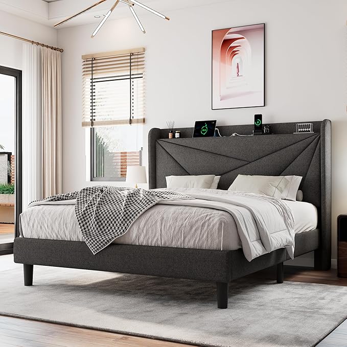 Full Size Upholstered Bed Frame with Charging Station, Platform Bed Frame with Storage Headboard, Solid Wood Slats Support, No Box Spring Needed, Dark Gray