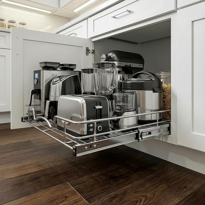 HOLDN’ STORAGE Pull Out Cabinet Organizer, Heavy Duty Caddy w/Lifetime Limited Warranty -17”W x 21”D - Requires At Least 18-1/4” Cabinet Opening, Steel Metal Cabinet Drawers Slide Out, Chrome