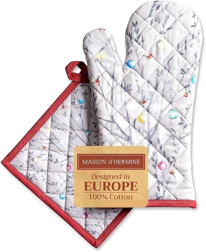 Maison d' Hermine 100% Cotton Oven Mitt & Pot Holder Set (7.5"x13" & 8"x8") Heat Resistant BBQ Cooking Gloves with Loop for Thanksgiving Christmas Decorations Handling Hot Pans (Fairy Christmas)