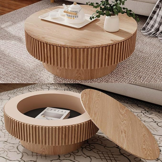 31.5'' Small Round Coffee Table with Storage, Fluted Coffee Table with Solid Wood Veneered, Mid Century Modern Wooden Center Table, Accent Tea Table for Small Space Living Room Apartment, Natural