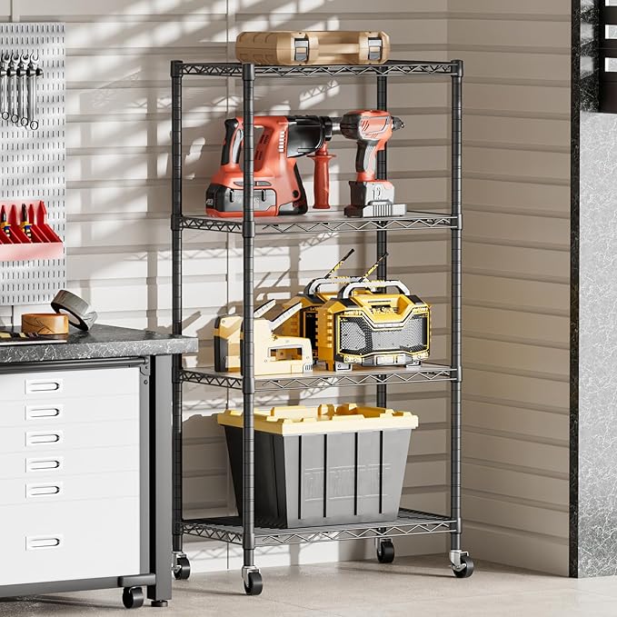 SINGAYE 4 Shelves Storage Shelf Wire Closet Bathroom Organizers Metal Pantry Kitchen Garage Shelving Unit Laundry Room Organization Home Rack Net Basket Black with Wheels