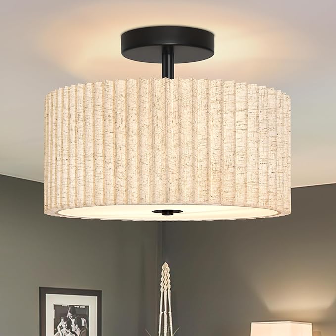 2 Light Semi Flush Mount Ceiling Light Fixture 12.6 Inch Modern Black Drum Ceiling Light Fixture with Pleated Fabric Shade Dimmable Close to Ceiling Light for Living Room Hallway Bedroom Entryway