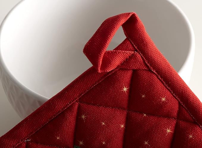 Maison d' Hermine Pot Holders Set 100% Cotton Heat Resistant Potholders 8" x 8" Hot Pads with Loop for Thanksgiving Christmas Decorations BBQ Cooking Baking Handling Hot Pans (Pack of 2, Noel)