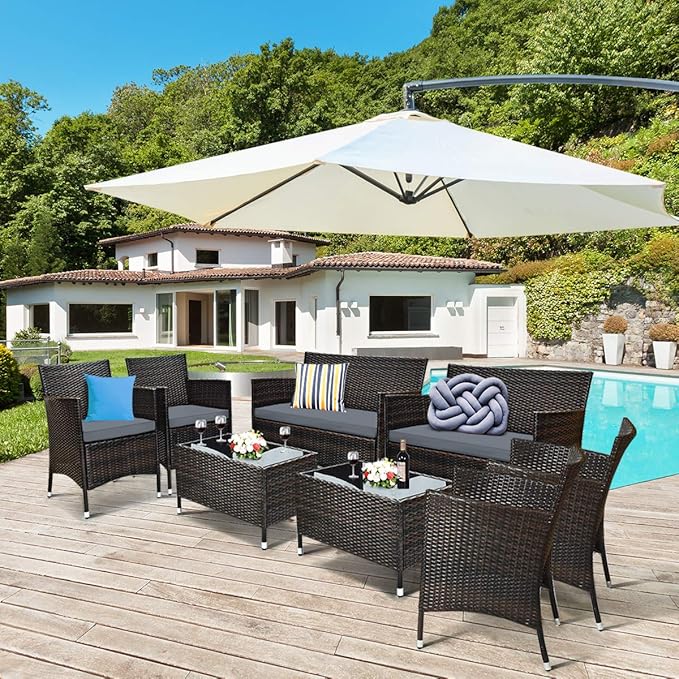 Tangkula 8 PCS Patio Rattan Conversation Set, Outdoor Wicker Furniture Set with Tempered Glass Coffee Table &Thick Cushion, Rattan Chair Wicker Set for Garden, Lawn, Poolside and Backyard (2, Gray)