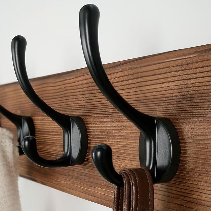 Dseap Wall Mounted Coat Rack: 38-1/4" Long, Patented, Heavy-Duty, 10-Double-Hooks Wooden Hanger Rail for Winter Coats, Hats, Jackets, Clothing - Natural & Black, Pack of 2