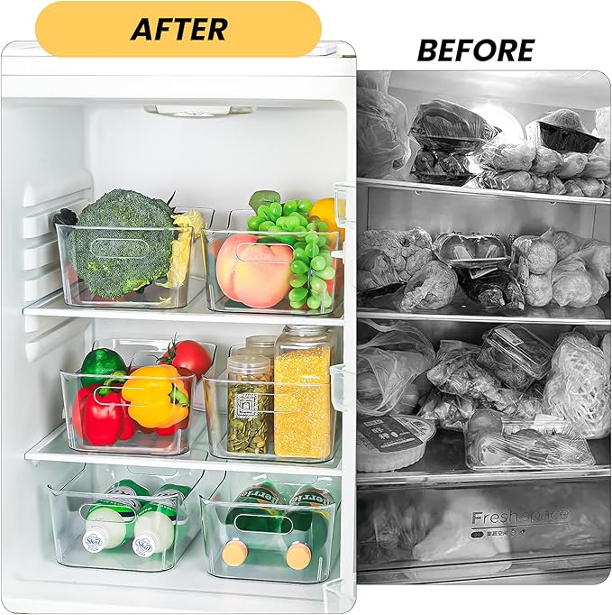 12 Pack Clear Plastic Storage Bins, Acrylic Organizer and Containers with Handle for Pantry, Cabinet, Closet, Refrigerator, Freezer, Bathroom, Kitchen Under Sink Storage