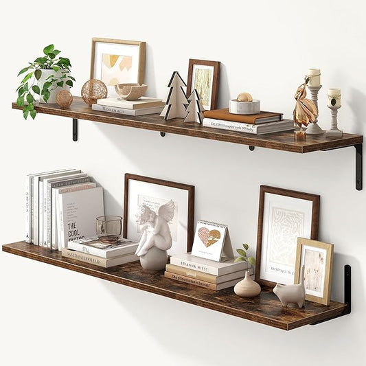 Fun Memories Deep Floating Shelves, 48W x 8D Floating Shelves Set of 2, Wall Mounted Shelf with Metal Brackets, Rustic Wood Wall Shelf for Bathroom, Kitchen and Living Room, Rustic Brown