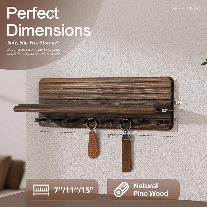 Rebee Vision Retro Key Holder Wall Mount for Room Decor – Farmhouse Key Hanger with 8 Durable Hooks & Floating Shelf for Coat Rack – Mail Organizer for Entryway, Wall Decor, or Office Decor (Brown)