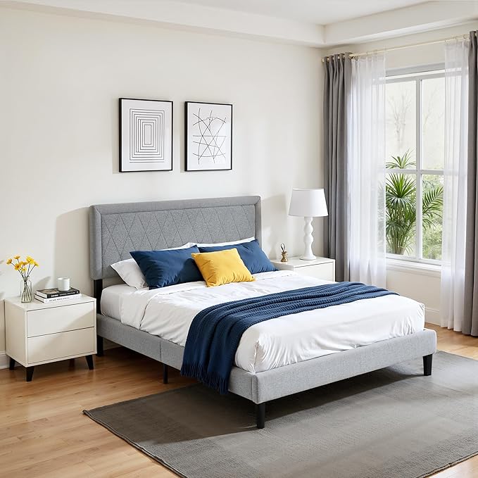 Hokway Bed Frame Upholstered Platform Bed with Headboard Wooden Slat Support No Box Spring Needed(Full, Light Gray)