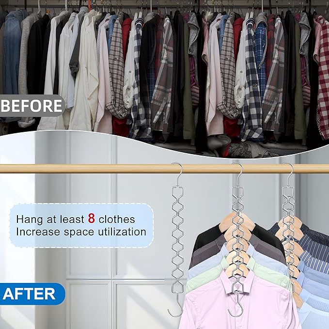 3 Pack Space Saving Hangers for Clothes, Heavy Duty 30Lbs Capacity Magic Clothes Space Saver Sturdy Metal Hanger Organizer with 360° Swivel Hook, Closet Organizers Storage Dorm Essentials Silver