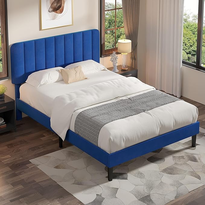 VECELO Queen Size Bed Frame with Upholstered Headboard, Velvet Platform Bedframe Mattress Foundation, Strong Wood Slat Support, No Box Spring Needed,Blue