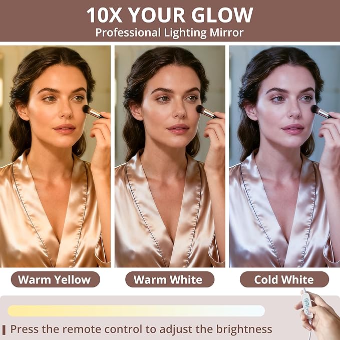 LIKIMIO Small Makeup Vanity Desk with Mirror and Lights, Vanity Table Set with Storage Stool, Makeup Drawer Organizer, Power Outlet, 3 Color Modes Adjustable Bulb, White Vanity for Bedroom