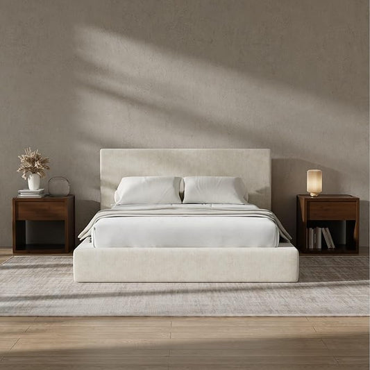 RECCI Cloud Upholstered Full Bed Frame with Headboard, 5 Inch Foam Padded Platform, No Box Spring, Easy Assembly(Cream)