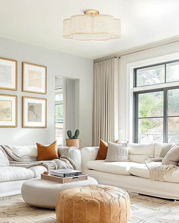 Semi Flush Mount Ceiling Lights, 6-Light 18" Gold Light Fixtures Ceiling Mount with Fabric Shade in Flower Shape, Drum Lighting Fixture for Nursery Bedroom Kitchen, AD-22007-6SF-GD-B