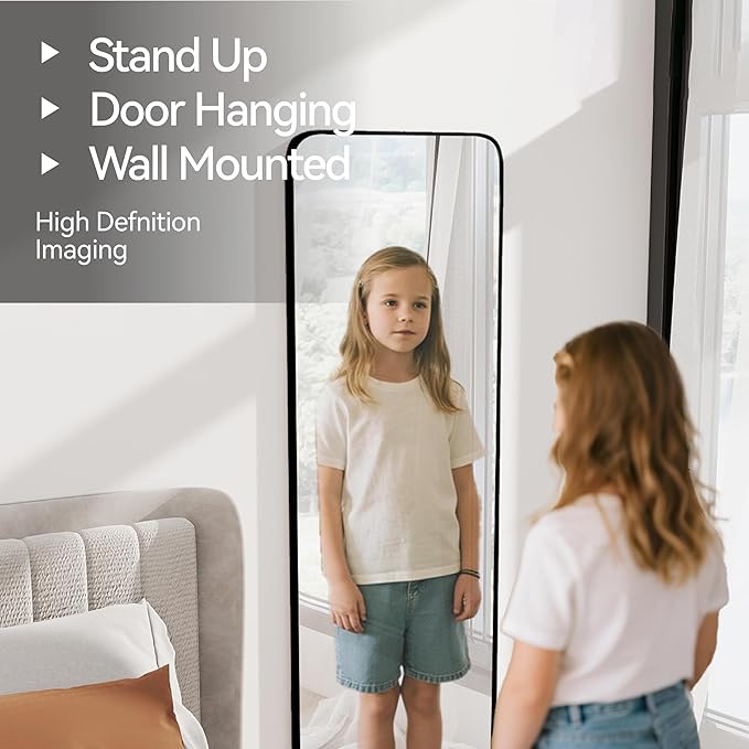 57x20 Door Hanging Full Length Mirror, Floor Stand (Height 5.7ft just Body in1.3ft) Wall Mounted Metal Frame Rectangle Dressing Mirrors for Bedroom Living Room 57 inch Black