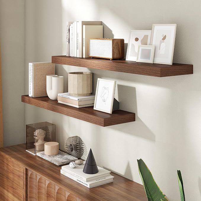40 Inch Floating Shelves for Wall, 8 Inch Deep Floating Shelf for Storage & Display, Rustic Wall Mounted Shelf with Invisible Brackets for Living Room, Kitchen, Bathroom, Home Decor, Set of 2, Walnut