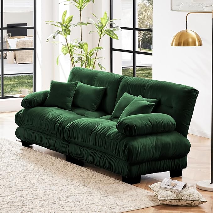 94.4” Oversized Loveseat Sofa, 2 Seater Modular Sectional Sofa, Green Large Sectional Couches for Living Room, Fluffy Chenille Fabric Cloud Couch with 4 Pillows, Deep Seat Sofas