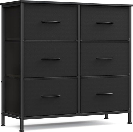 SONGMICS Dresser for Bedroom, Chest of Drawers, TV Stand, Steel, MDF, 6 Non-Woven Fabric Drawers, Storage Organizer Unit, Closet, Entryway, Ink Black and Ebony Black ULGS123B01S