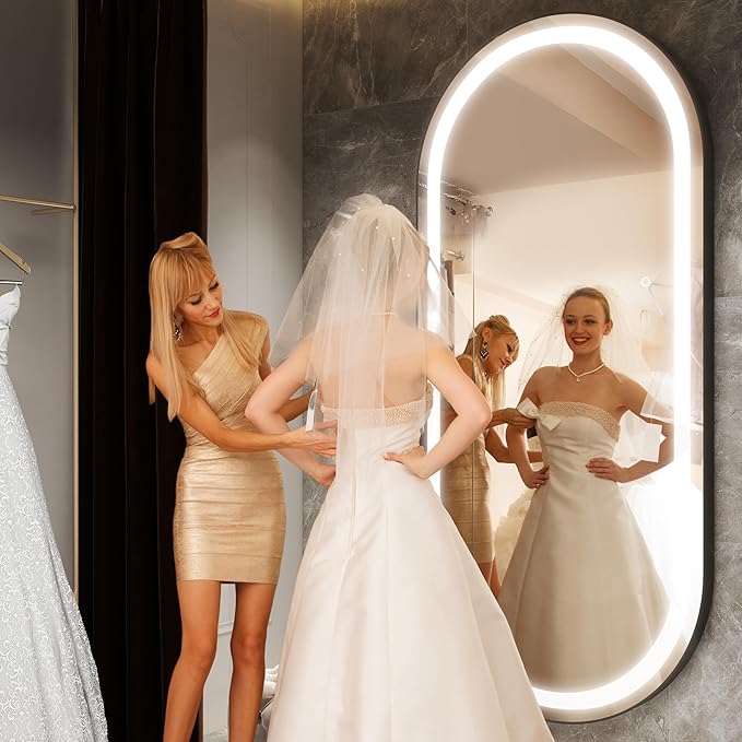 FENNIO Full Length Mirror with Lights, 70"x32" LED Full Body, Wall Mounted Hanging Mirror for Bedroom, Salon, 3-Color Lighting, Brushed Aluminum Frame [Tempered Glass]