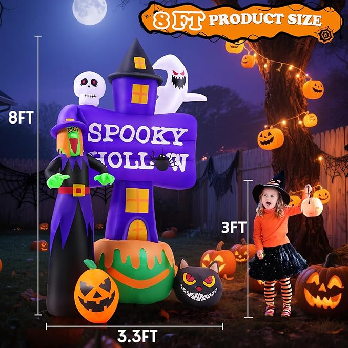 8F Halloween Inflatable Witch with Ghost Tombstones Black Cat Pumpkin Skeletons Scary Halloween Decorations, Indoor Outdoor Spooky Blow Up Yard Decorations for Garden Party Holiday Lawn Office Decor