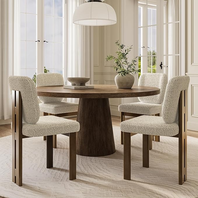 Modern Boucle Dining Chairs Set of 6, Farmhouse Sherpa Upholstered Wooden Kitchen Chairs with Back, Side Armless Dining Room Chairs with Walnut Wood Legs for Kitchen Restaurant, Beige