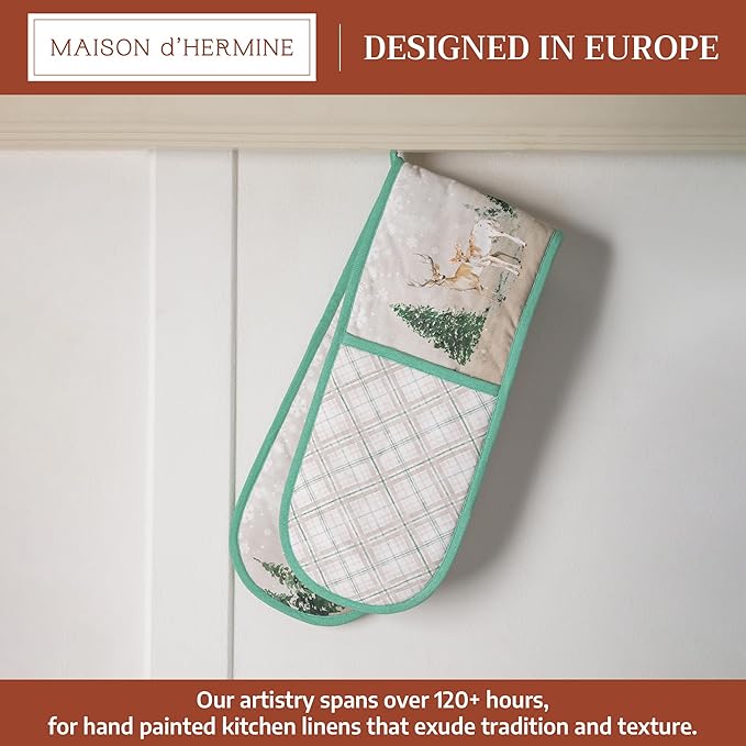 Maison d' Hermine Double Oven Mitt (7" x 35") 100% Cotton Heat Resistant BBQ Cooking Gloves with Loop for Thanksgiving Christmas Decorations Baking Cooking Handling Hot Pan (Deer in The Woods)