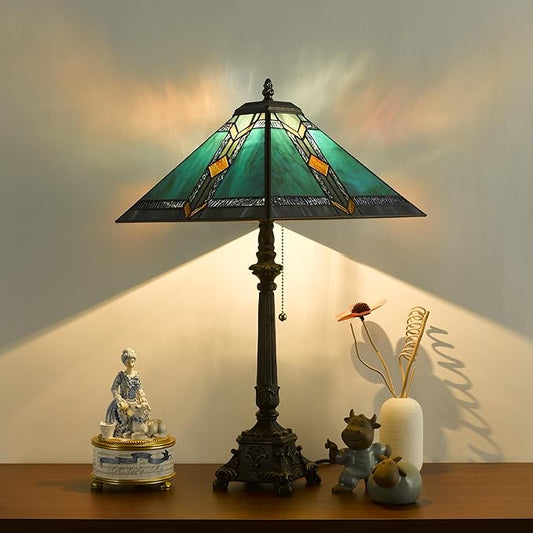 Tiffany Table Lamps Blue Stained Glass Striped Checkered Style Mission Desk Lamp 12X12X24 Inch Bronze Resin Base