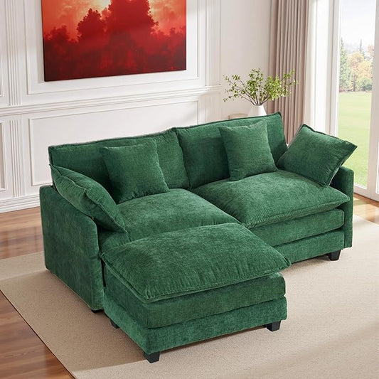 77" L Shaped Cloud Loveseat Sofa with Ottoman｜3-Seat Chenille Sectional Couch with 29.1" Deep Seat｜FSC Certified Solid Wood & Metal Frame｜Easy Assembly & 1YR Guarantee ｜for Living Room Apartment