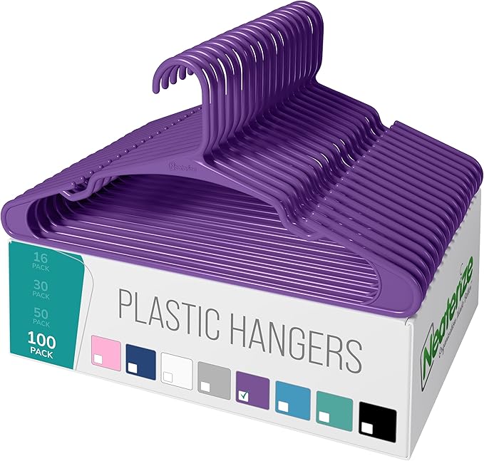 NEATERIZE Clothes Hangers Plastic 100 Pack for Adults - Plastic Hangers, Perfect Coat Hanger and Space Saving Clothes Hangers for Closet, Percheros Ganchos para Colgar Ropa Hangars - Purple Hangers