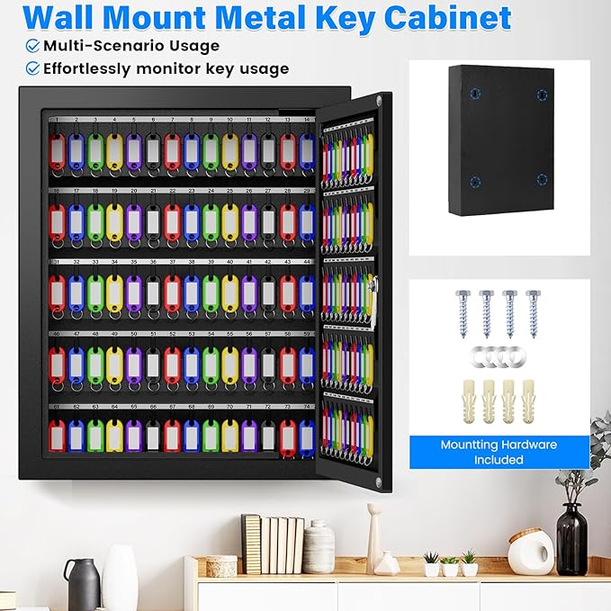 125 Keys Key Lock Box Wall Mount, Anti-Theft Key Organizer with Colored Key Tags and Key Drop Slot, Conveniently Key Cabinet for Car Garage House Rental Office Business