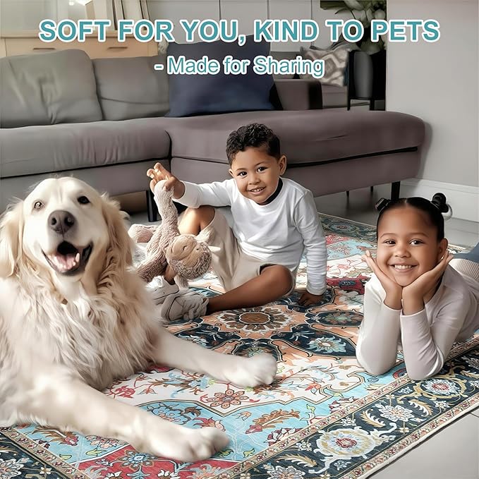 WILLSUN Washable Area Rugs, 3x5 Non-Slip Boho Large Area Rugs for Living Room, Bedroom, Machine Washable Vintage Rug, Indoor Floral Print Carpet for Home Decor, Kid & Pet Friendly Mat