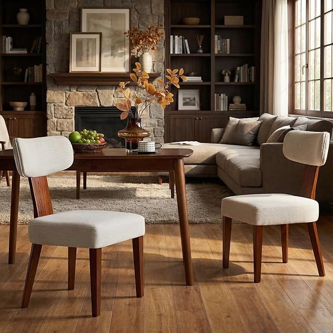 Dining Chairs Set of 2, Mid-Century Modern Upholstered Kitchen Chairs with Curved Backrest and Linen Fabric Seat, Wood Leg Accent Chairs for Dining Room, Living Room, Bedroom, Linen Beige
