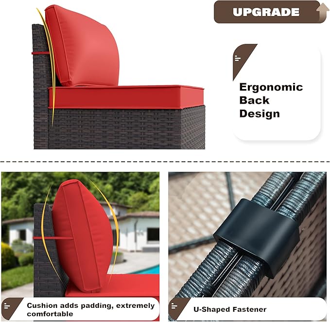 Kurapika 6 Pieces Patio Furniture Set, Rattan Wicker Outdoor Conversation Sets w/4 Inch Cushion and Glass Coffee Table(Red)