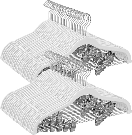 SONGMICS 50-Pack Pants Hangers, 16.7-Inch Long Velvet Hangers with Adjustable Clips, Heavy-Duty, Non-Slip Skirt Hangers, Space-Saving for Pants, Skirts, Coats, Dresses, White UCRF012W50