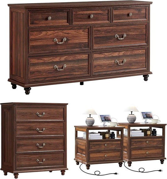 24" Wide Farmhouse Nightstand with Charging Station Set of 2,54" 7 Drawers Dresser, 37" Tall Rustic Chests of Drawers, Farmhouse Furniture Series for Bedroom,Brown