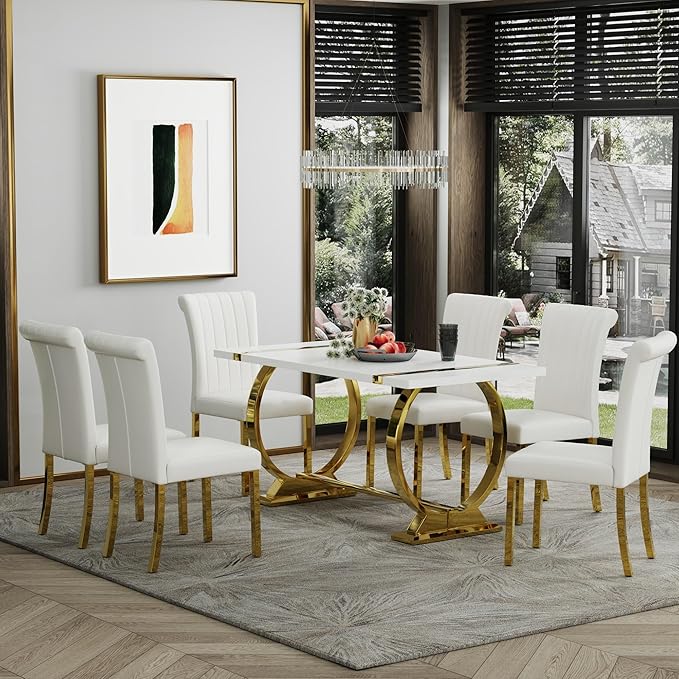 ACEDÉCOR 60" White and Gold Dining Table for 4-6, Modern Rectangular Lacquer Top and Polished Stainless Steel U Shaped Base