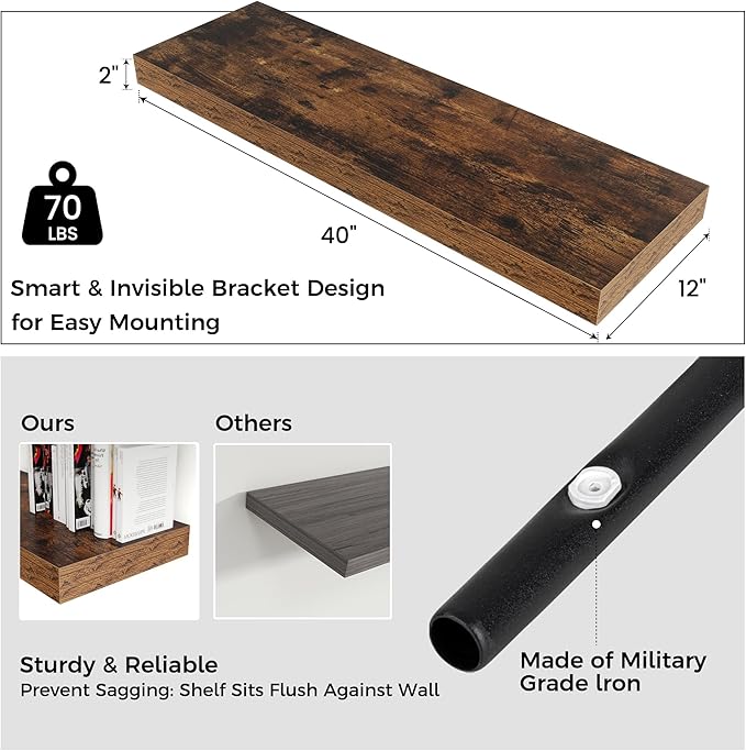 Floating Shelves for Wall, 40" W x 12" D x 2" H, 1 Pack of Long Wall Mounted Engineered Wood Shelves with Invisible Brackets for Living Room, Bedroom, Bathroom, Kitchen Decor, Brown