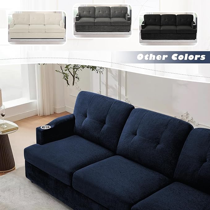 89" Chenille Modern Sofa with Cup Holder, Tufted Upholstered Couch with Thickened Cushions, Comfy 3 Seater Sofa with Deeper Seat for Living Room, Apartment,Blue